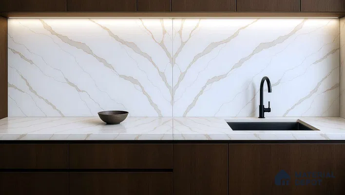 Belina Quartz QR 00347 B Ivory Cascade Jumbo Helsinki Series 10.83 ft x 5.41 ft Quartz - 20 mm | 10 Years and Replacement Warranty | Suitable for Kitchen, Restaurant, Counter Tops, Dining, Reception, office