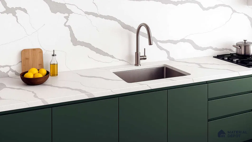 Belina Quartz QR 00345 B Arctic Cascade Jumbo Helsinki Series 10.83 ft x 5.41 ft Quartz - 20 mm | 10 Years and Replacement Warranty | Suitable for Kitchen, Restaurant, Counter Tops, Dining, Reception, office