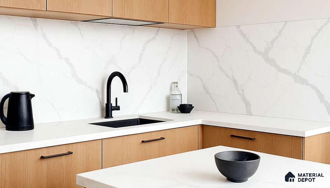 Belina Quartz QR 00349 B Luminous Calacatta Jumbo Helsinki Series 10.83 ft x 5.41 ft Quartz - 20 mm | 10 Years and Replacement Warranty | Suitable for Kitchen, Restaurant, Counter Tops, Dining, Reception, office