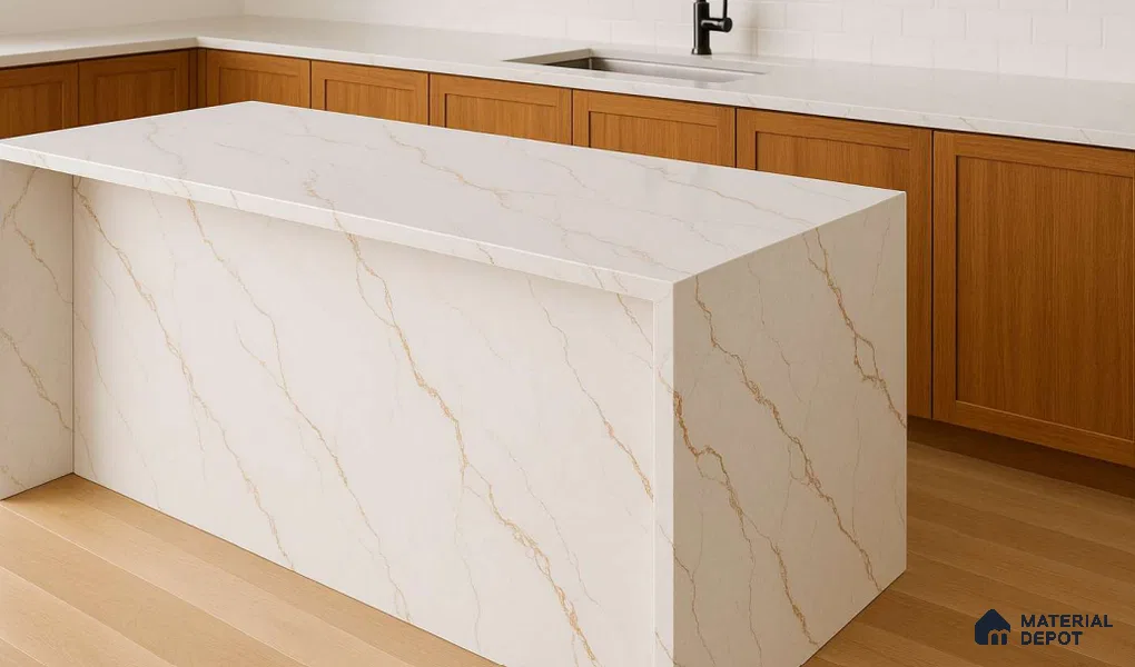 Belina Quartz QR 00341 Rosso Vein Mini Jumbo Helsinki Series 10.53 ft x 4.79 ft Quartz - 20 mm | 10 Years and Replacement Warranty | Suitable for Kitchen, Restaurant, Counter Tops, Dining, Reception, office