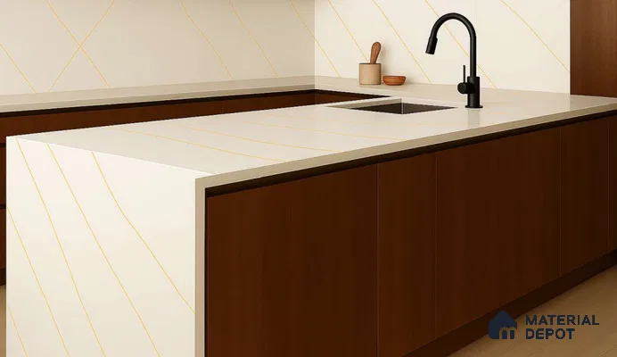 Belina Quartz QR 00344 Calacatta Aurelia Mini Jumbo Helsinki Series 10.53 ft x 4.79 ft Quartz - 20 mm | 10 Years and Replacement Warranty | Suitable for Kitchen, Restaurant, Counter Tops, Dining, Reception, office