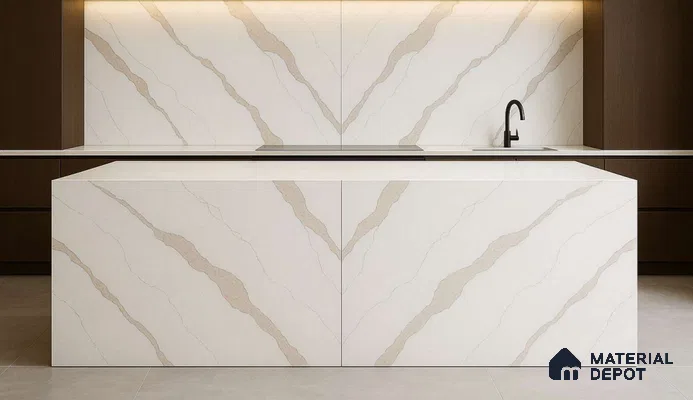 Belina Quartz QR 00346 Calacatta Drift Mini Jumbo Helsinki Series 10.53 ft x 4.79 ft Quartz - 20 mm | 10 Years and Replacement Warranty | Suitable for Kitchen, Restaurant, Counter Tops, Dining, Reception, office