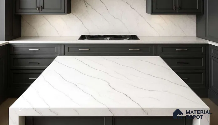 Belina Quartz QR 00343 B Calacatta Whisper Jumbo Helsinki Series 10.83 ft x 5.41 ft Quartz - 20 mm | 10 Years and Replacement Warranty | Suitable for Kitchen, Restaurant, Counter Tops, Dining, Reception, office