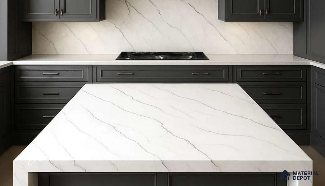 Belina Quartz QR 00343 B Calacatta Whisper Jumbo Helsinki Series 10.83 ft x 5.41 ft Quartz - 20 mm | 10 Years and Replacement Warranty | Suitable for Kitchen, Restaurant, Counter Tops, Dining, Reception, office