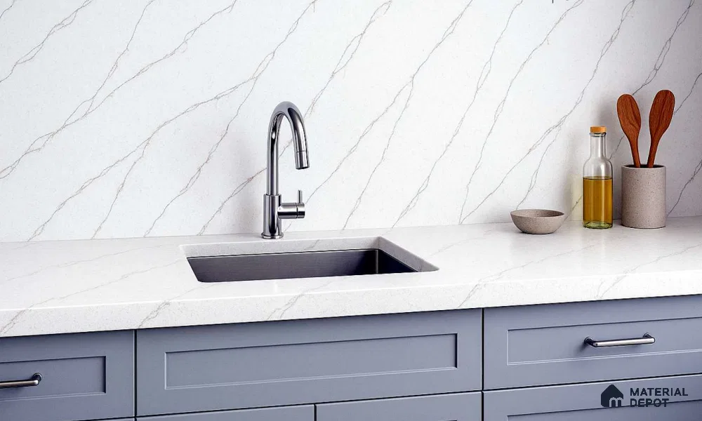 Belina Quartz QR 00337 B Auric Vein Jumbo Helsinki Series 10.83 ft x 5.41 ft Quartz - 20 mm | 10 Years and Replacement Warranty | Suitable for Kitchen, Restaurant, Counter Tops, Dining, Reception, office
