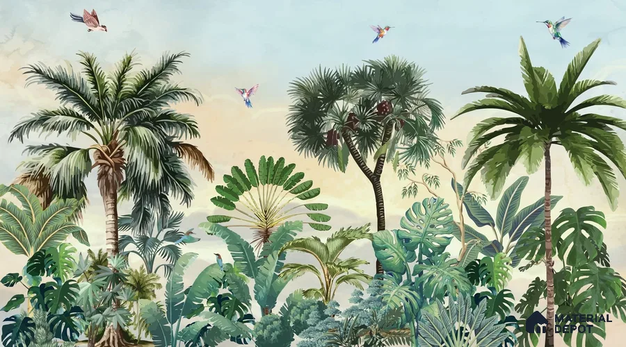 Jungle Garden Wall Mural Illustration Wallpaper Bringing Nature into Interior Spaces Wallpaper | Material Depot