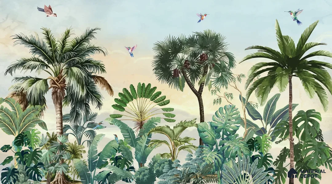 Jungle Garden Wall Mural Illustration Wallpaper Bringing Nature into Interior Spaces | WP 05282 B Non Woven | 150 GSM WP01MTF Paper | (MOQ = 30 Sq. Ft.)