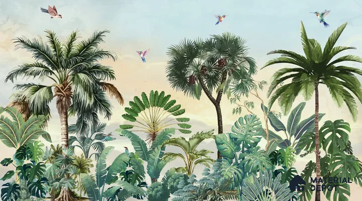 Jungle Garden Wall Mural Illustration Wallpaper Bringing Nature into Interior Spaces | WP 05282 Canvas | 250 GSM WP01CNF Paper | (MOQ = 30 Sq. Ft.)