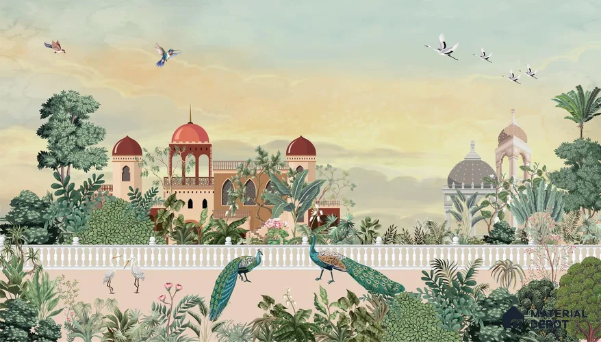 Majestic Mughal Garden Landscape Wallpaper with Regal Arches and Heritage Art Wallpaper | Material Depot