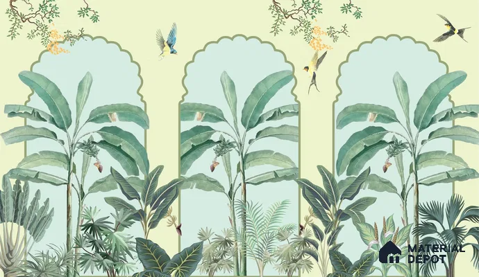 Majestic Mughal Garden Wall Mural Wallpaper with Arched Tropical Paradise | WP 05259 Canvas | 250 GSM WP01CNF Paper | (MOQ = 30 Sq. Ft.)