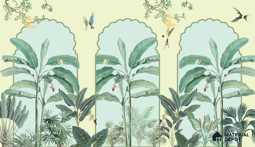Majestic Mughal Garden Wall Mural Wallpaper with Arched Tropical Paradise Wallpaper | Material Depot