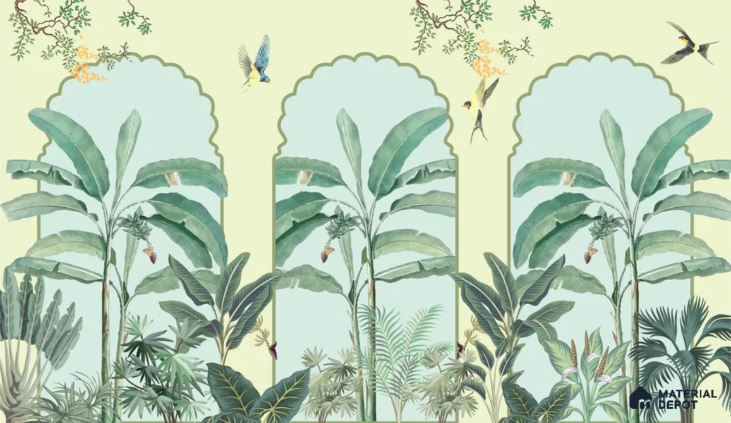 Majestic Mughal Garden Wall Mural Wallpaper with Arched Tropical Paradise | WP 05259 Canvas | 250 GSM WP01CNF Paper | (MOQ = 30 Sq. Ft.)