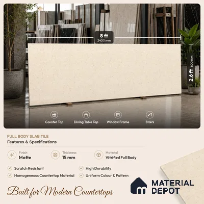 Marble Counter Top Slab TL 06035 Iconic Crema 8 ft x 2.6 ft mm Full Body Vitrified Matte Finish - 15 mm | Suitable For Counter Top, Dining Table Top & Window Frame