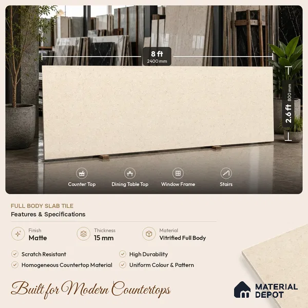 Marble Counter Top Slab TL 06035 Iconic Crema 8 ft x 2.6 ft mm Full Body Vitrified Matte Finish - 15 mm | Suitable For Counter Top, Dining Table Top & Window Frame