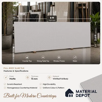 Cement Look Counter Top Slab TL 06036 Iconic Gris 8 ft x 2.6 ft mm Full Body Vitrified Matte Finish - 15 mm | Suitable For Counter Top, Dining Table Top & Window Frame
