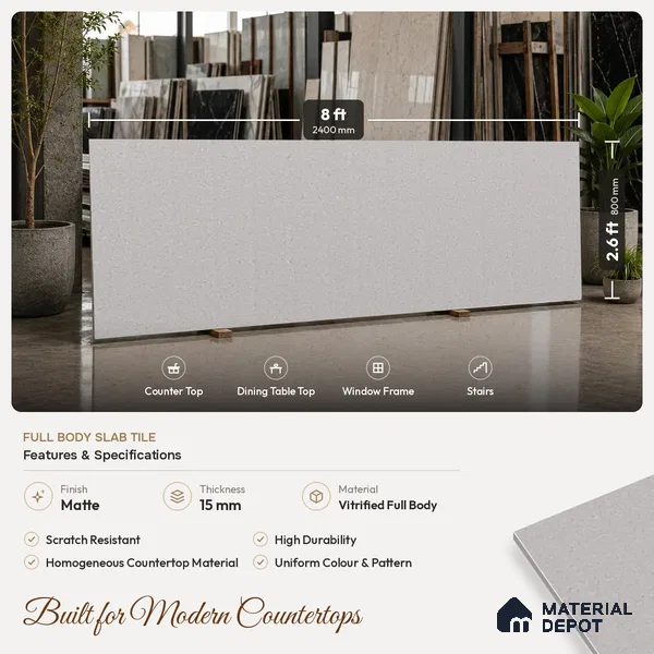 Cement Look Counter Top Slab TL 06036 Iconic Gris 8 ft x 2.6 ft mm Full Body Vitrified Matte Finish - 15 mm | Suitable For Counter Top, Dining Table Top & Window Frame
