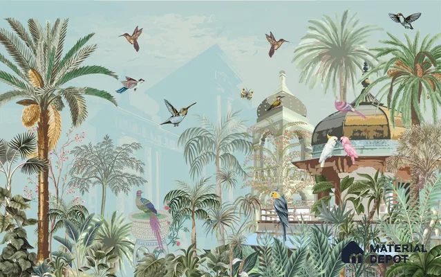 Mughal Forest Garden Illustration Wallpaper with Regal Plant Arches and Birds | WP 05284 B Non Woven | 150 GSM WP01MTF Paper | (MOQ = 30 Sq. Ft.)
