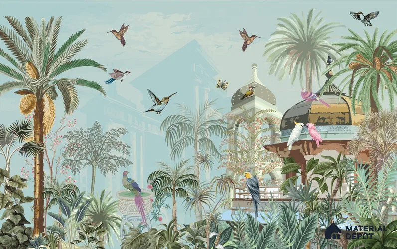 Mughal Forest Garden Illustration Wallpaper with Regal Plant Arches and Birds Wallpaper | Material Depot