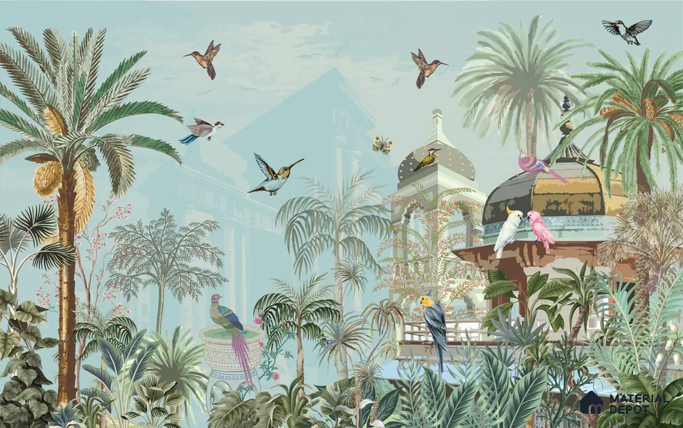 Mughal Forest Garden Illustration Wallpaper with Regal Plant Arches and Birds | WP 05284 B Non Woven | 150 GSM WP01MTF Paper | (MOQ = 30 Sq. Ft.)