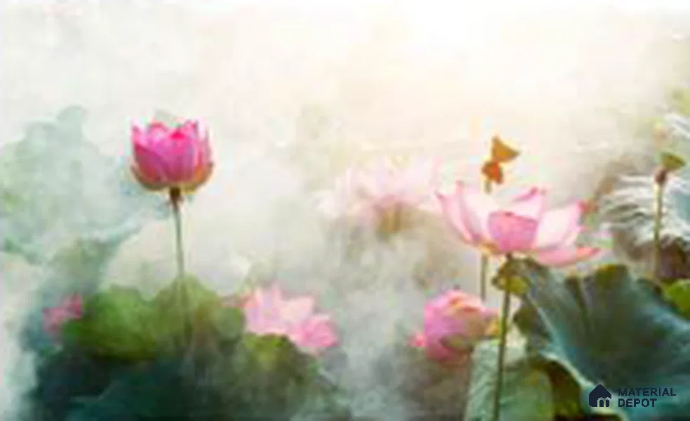 Lotus at Dawn Tropical Mist Nature Art | WP 04006 Non Woven Matte Finish Tropical Style Premium Customized size Wallpaper | 150 GSM WP01MTF Paper | (MOQ = 30 Sq. Ft.)