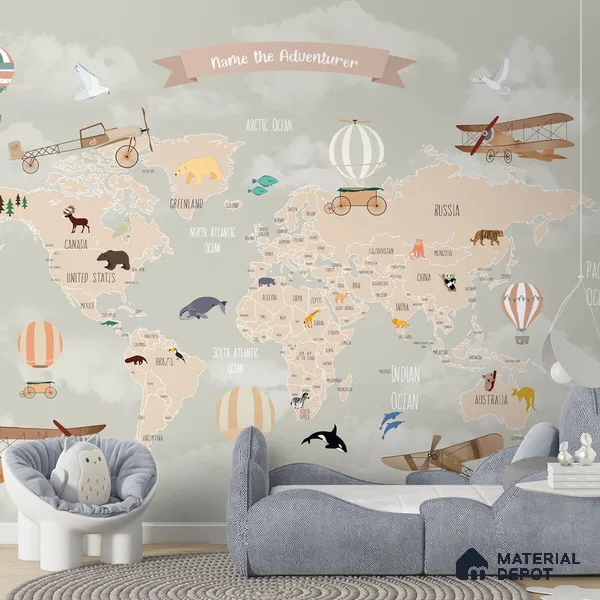 Pastel Kids Bedroom Customised Soft Feel Wallpaper of World Map