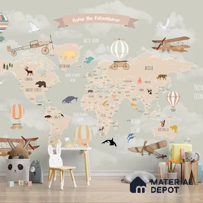 Pastel Kids Bedroom Customised Soft Feel Wallpaper of World Map