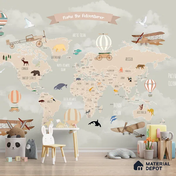 Pastel Kids Bedroom Customised Soft Feel Wallpaper of World Map