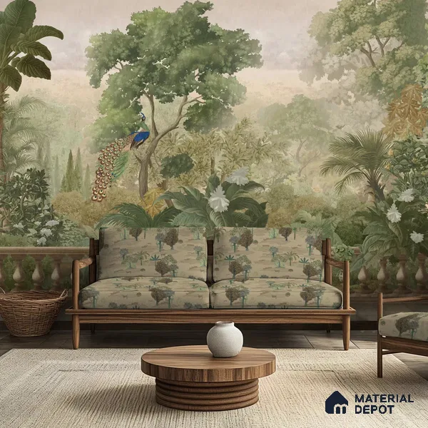Peacock Garden, Jungle Theme Sandstone Wallpaper for Walls (Customized Size Wallpaper)