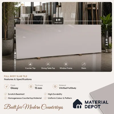 Plain Look Counter Top Slab TL 06040 Viget Gris 8 ft x 2.6 ft mm Full Body Vitrified Glossy Finish - 15 mm | Suitable For Counter Top, Dining Table Top & Window Frame