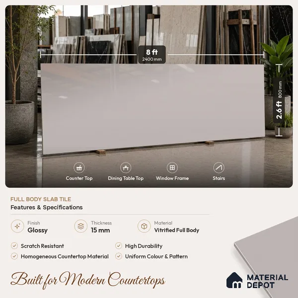Plain Look Counter Top Slab TL 06040 Viget Gris 8 ft x 2.6 ft mm Full Body Vitrified Glossy Finish - 15 mm | Suitable For Counter Top, Dining Table Top & Window Frame