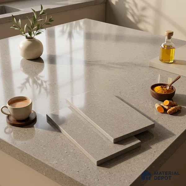 Plain Look Counter Top Slab TL 06040 Viget Gris 8 ft x 2.6 ft mm Full Body Vitrified Glossy Finish - 15 mm | Suitable For Counter Top, Dining Table Top & Window Frame