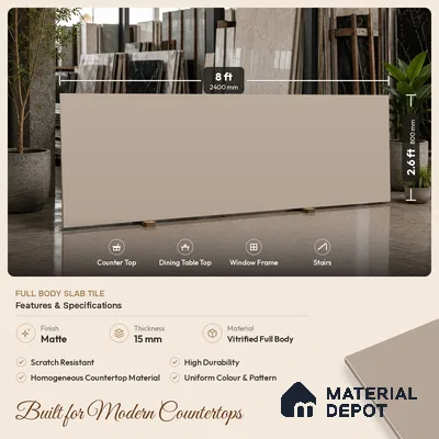 Plain Counter Top Slab TL 10613 Monotone Clay 8 ft x 2.6 ft Full Body Vitrified Matte Finish - 15 mm | Suitable For Counter Top, Dining Table Top & Window Frame