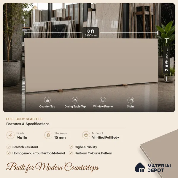 Plain Counter Top Slab TL 10613 Monotone Clay 8 ft x 2.6 ft Full Body Vitrified Matte Finish - 15 mm | Suitable For Counter Top, Dining Table Top & Window Frame