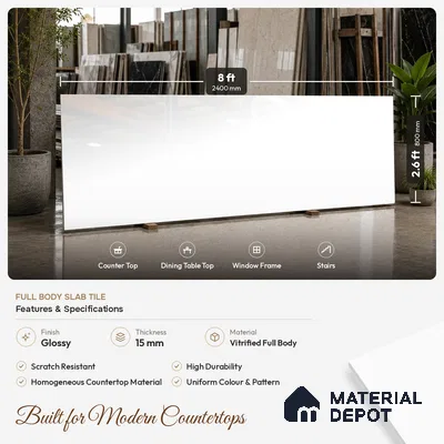 Plain Counter Top Slab TL 12551 B Galaxy Pearl 8 ft x 2.62 ft White Full Body Vitrified Glossy Finish - 15 mm | Suitable For Counter Top, Dining Table Top & Window Frame