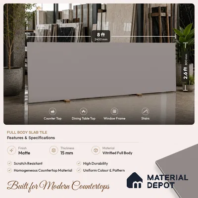 Plain Look Counter Top Slab TL 06025 Epic Graphite 8 ft x 2.6 ft mm Full Body Vitrified Matte Finish - 15 mm | Suitable For Counter Top, Dining Table Top & Window Frame