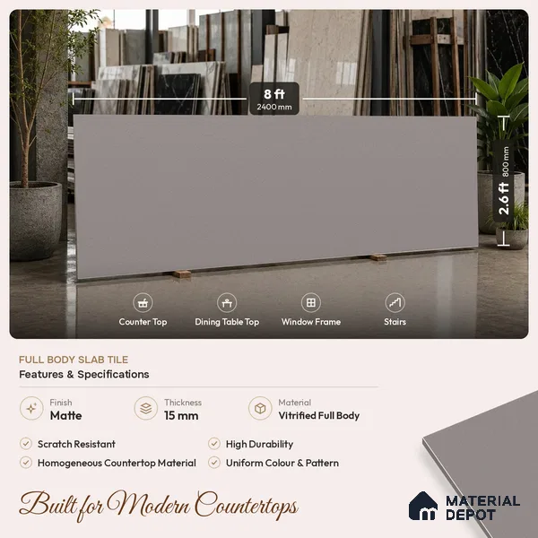 Plain Look Counter Top Slab TL 06025 Epic Graphite 8 ft x 2.6 ft mm Full Body Vitrified Matte Finish - 15 mm | Suitable For Counter Top, Dining Table Top & Window Frame