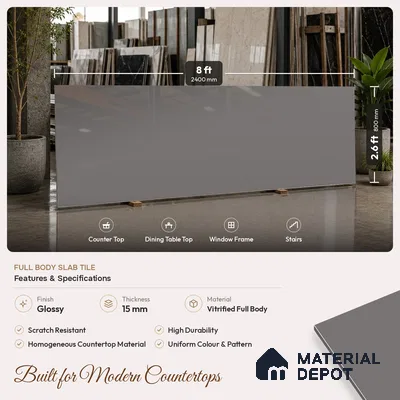 Plain Look Counter Top Slab TL 06026 Epic Grey 8 ft x 2.6 ft mm Full Body Vitrified Glossy Finish - 15 mm | Suitable For Counter Top, Dining Table Top & Window Frame