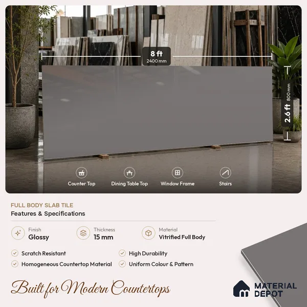 Plain Look Counter Top Slab TL 06026 Epic Grey 8 ft x 2.6 ft mm Full Body Vitrified Glossy Finish - 15 mm | Suitable For Counter Top, Dining Table Top & Window Frame