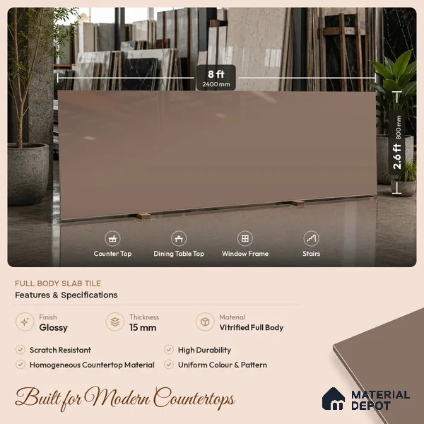 Plain Look Counter Top Slab TL 06027 Epic Moca 8 ft x 2.6 ft mm Full Body Vitrified Glossy Finish - 15 mm | Suitable For Counter Top, Dining Table Top & Window Frame