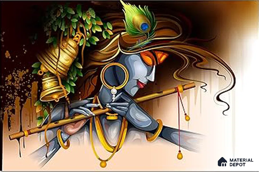 Melody of Mischief Krishna Playing Flute | WP 04103 Non Woven Matte Finish Indian Style Premium Customized size Wallpaper | 150 GSM WP01MTF Paper | (MOQ = 30 Sq. Ft.)