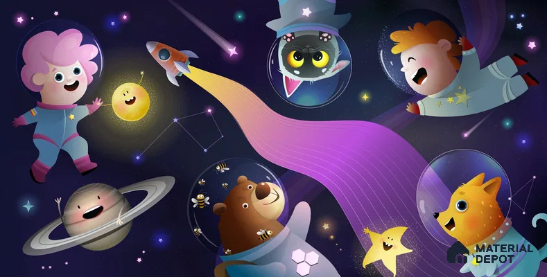 Little Astronauts & Space Friends | WP 04079 B Non Woven Matte Finish Space Style Premium Customized size Wallpaper | 150 GSM WP01MTF Paper | (MOQ = 30 Sq. Ft.)