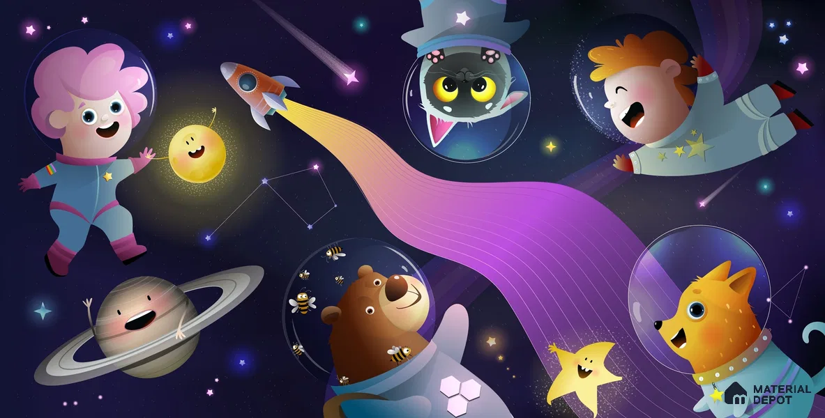 Little Astronauts & Space Friends | WP 04079 B Non Woven Matte Finish Space Style Premium Customized size Wallpaper | 150 GSM WP01MTF Paper | (MOQ = 30 Sq. Ft.)
