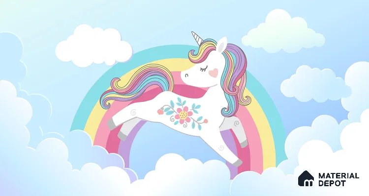 Rainbow Unicorn Wallpaper Jumping Through Soft Clouds and Magical Skies | WP 05239 Canvas | 250 GSM WP01CNF Paper | (MOQ = 30 Sq. Ft.)