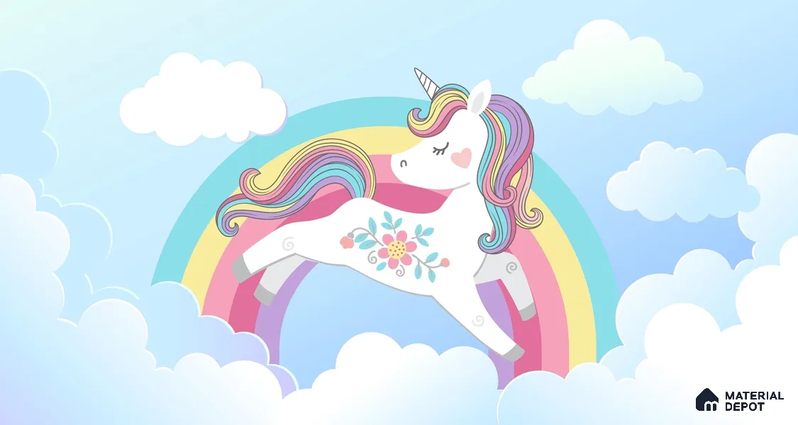 Rainbow Unicorn Wallpaper Jumping Through Soft Clouds and Magical Skies | WP 05239 Canvas | 250 GSM WP01CNF Paper | (MOQ = 30 Sq. Ft.)