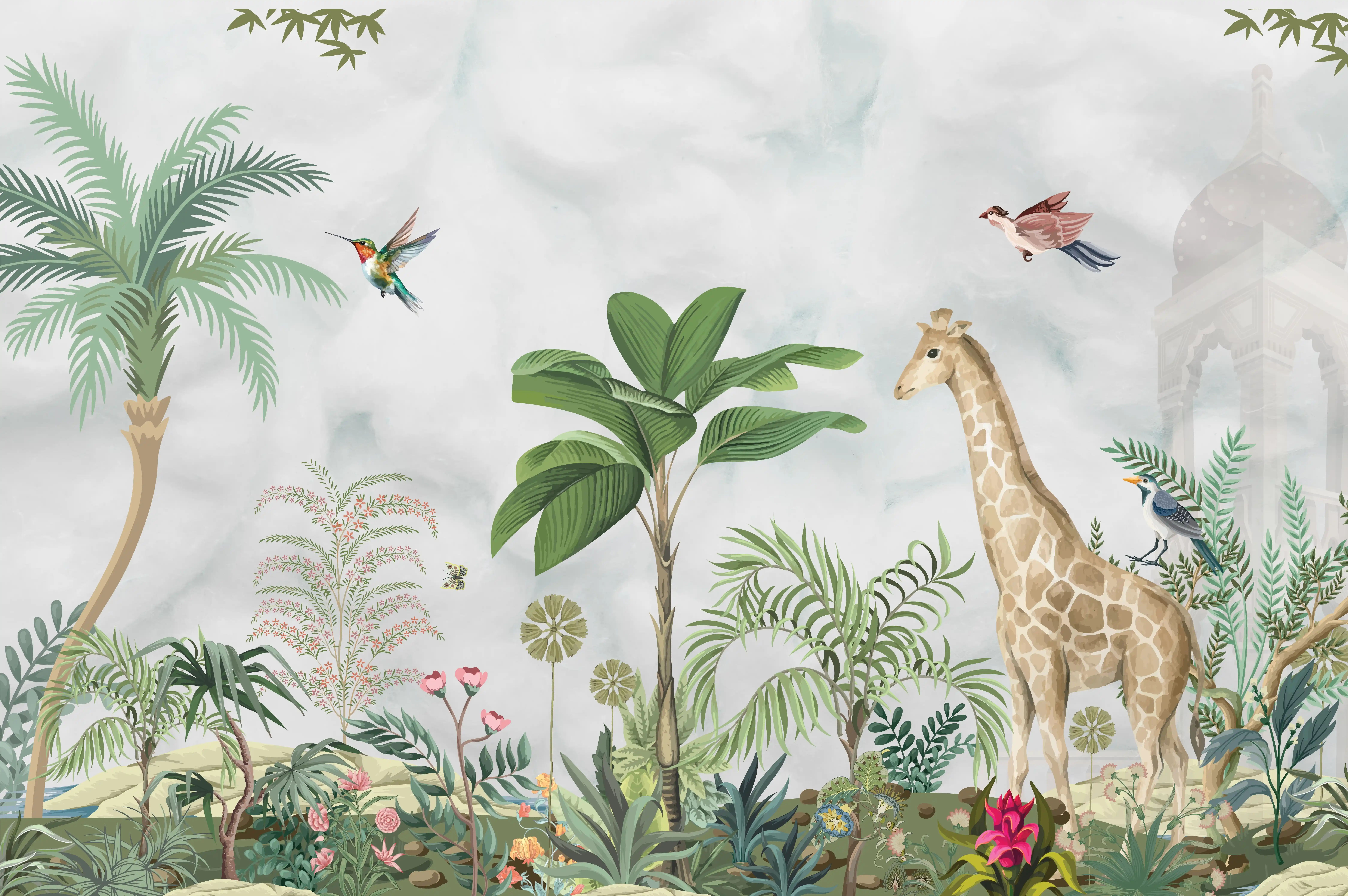 Botanical Safari Mural Savannah Animals On Horizon | WP 04060 B Non Woven Matte Finish Animal Print Style Premium Customized size Wallpaper | 150 GSM WP01MTF Paper | (MOQ = 30 Sq. Ft.) | Design change not possible