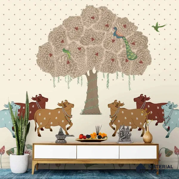 Sacred Grove Pichwai Pooja and Living Room Wallpaper Canvas (Customized Size Wallpaper)