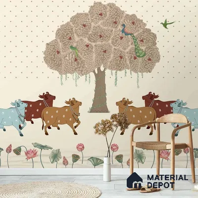 Sacred Grove Pichwai Pooja and Living Room Wallpaper Canvas (Customized Size Wallpaper)