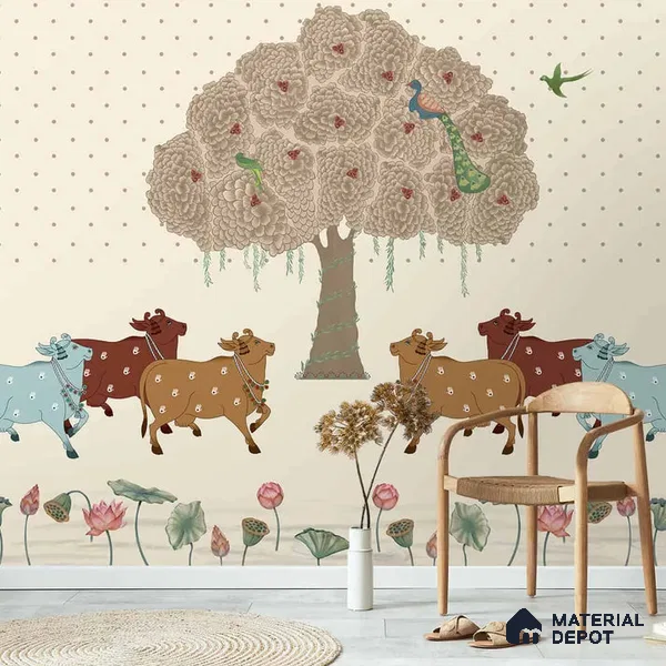 Sacred Grove Pichwai Pooja and Living Room Wallpaper Canvas (Customized Size Wallpaper)