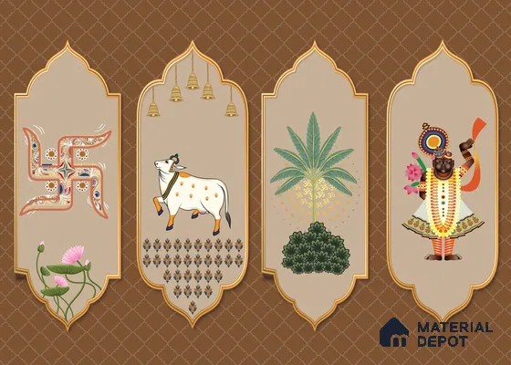 Sacred Pichwai Cow Wallpaper with Divine Balaji Motifs and Traditional Detailing | WP 05250 B Non Woven | 150 GSM WP01MTF Paper | (MOQ = 30 Sq. Ft.)