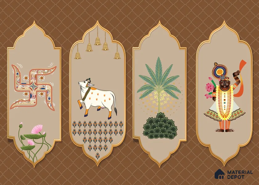 Sacred Pichwai Cow Wallpaper with Divine Balaji Motifs and Traditional Detailing | WP 05250 Canvas | 250 GSM WP01CNF Paper | (MOQ = 30 Sq. Ft.)